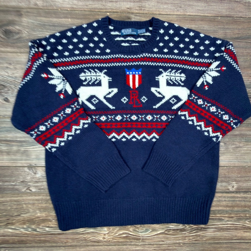 Polo Ralph Lauren Mens Size XXL Sweater Navy Fair Isle Reindeer Wool Crest